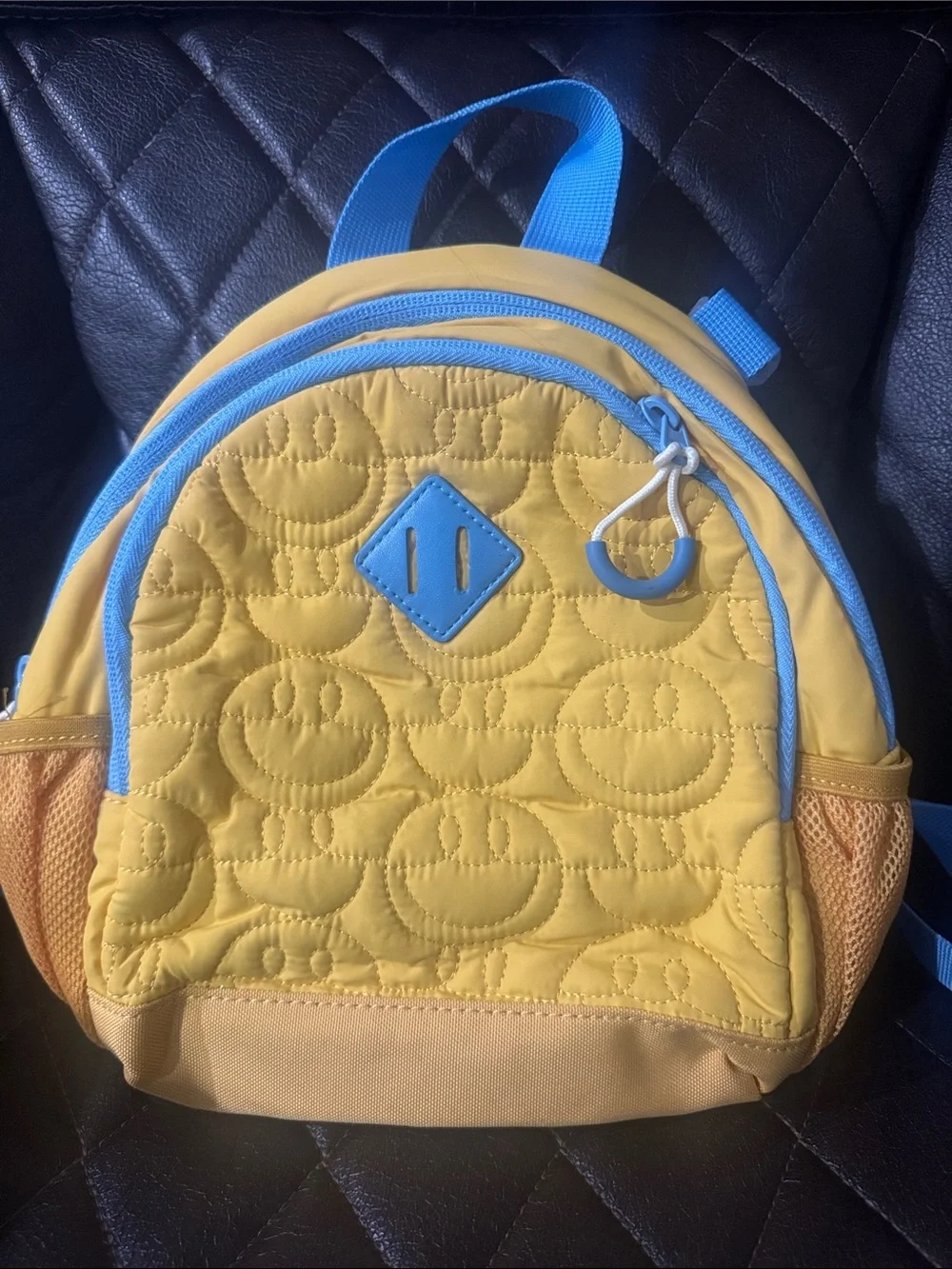 Kids Yellow & Blue Mini Backpack - Cute Smiley Quilted Design